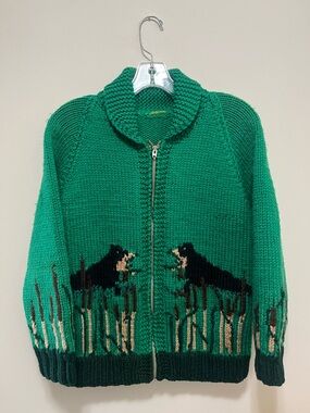 VTG 70s Hand Knit Cowichan Sweater Pheasant Duck Heavyweight - M - Green